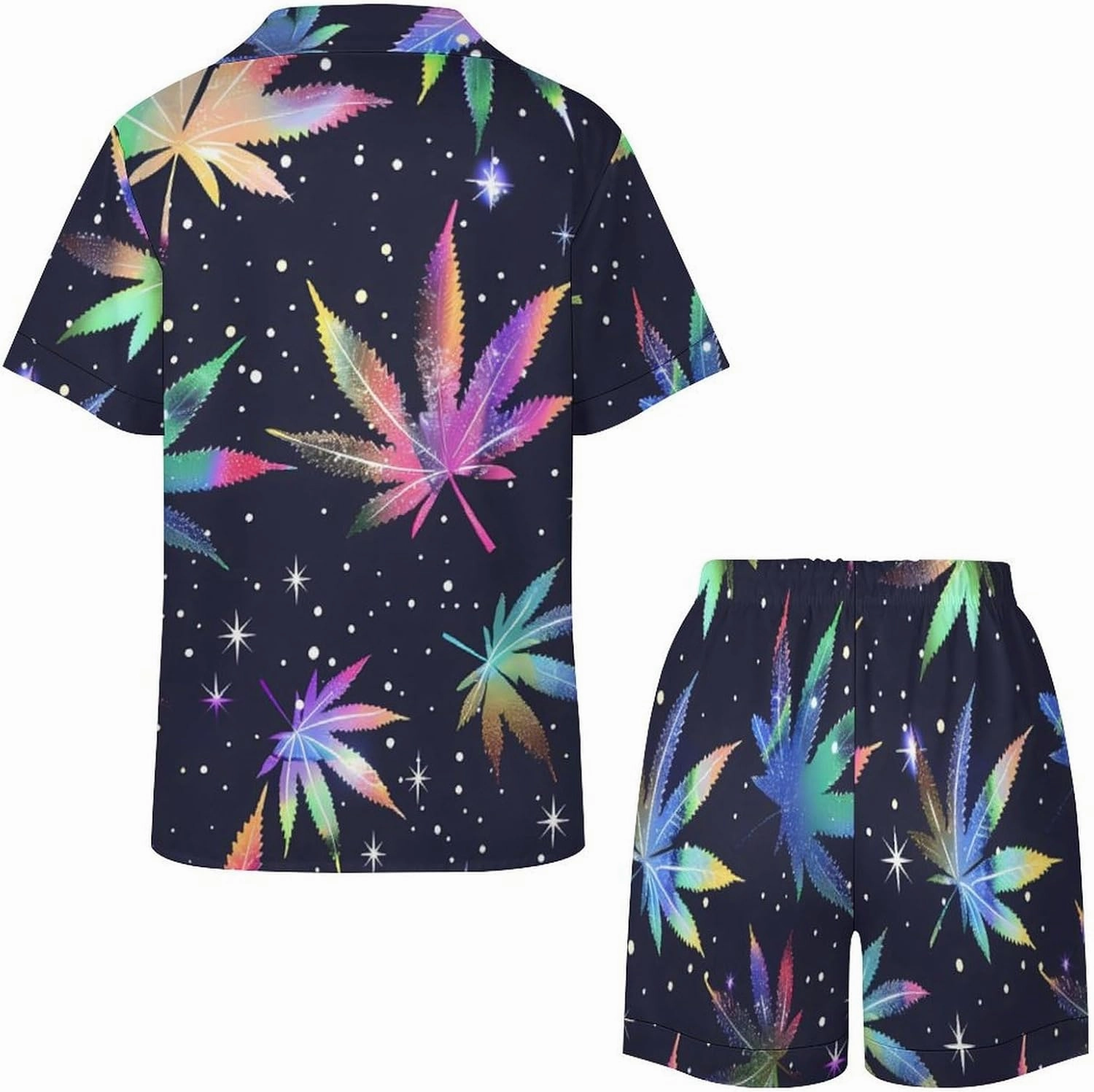 Galaxy Weed Leaves Women's Satin Pajama Set Short Sleeve Button Down Sleepwear Loungewear Pj Set