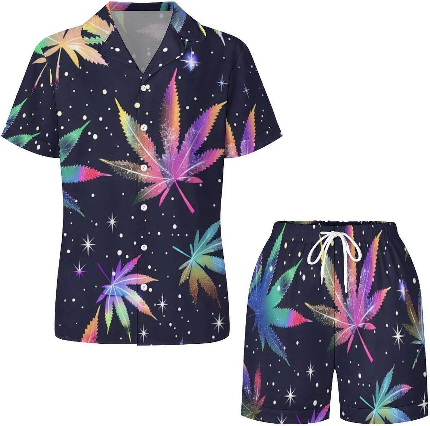 Galaxy Weed Leaves Women's Satin Pajama Set Short Sleeve Button Down Sleepwear Loungewear Pj Set