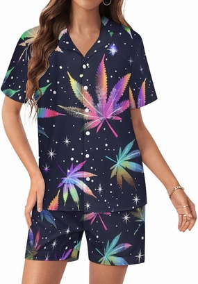 Galaxy Weed Leaves Women's Satin Pajama Set Short Sleeve Button Down Sleepwear Loungewear Pj Set