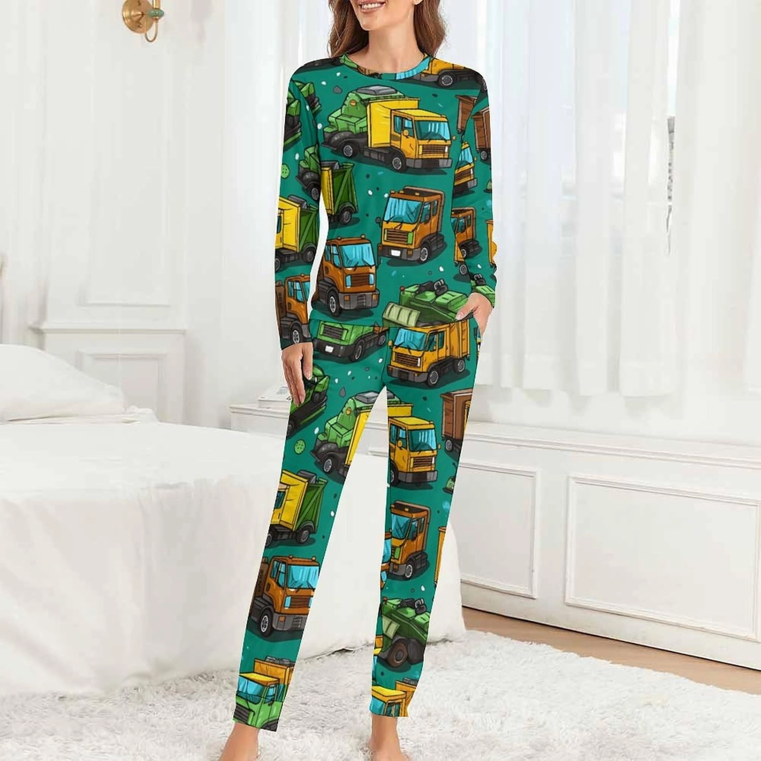 Garbage Truck Busy Day Women's Pajamas Set 2 Piece Loungewear Long Sleeve Sleepwear Tops and Pant