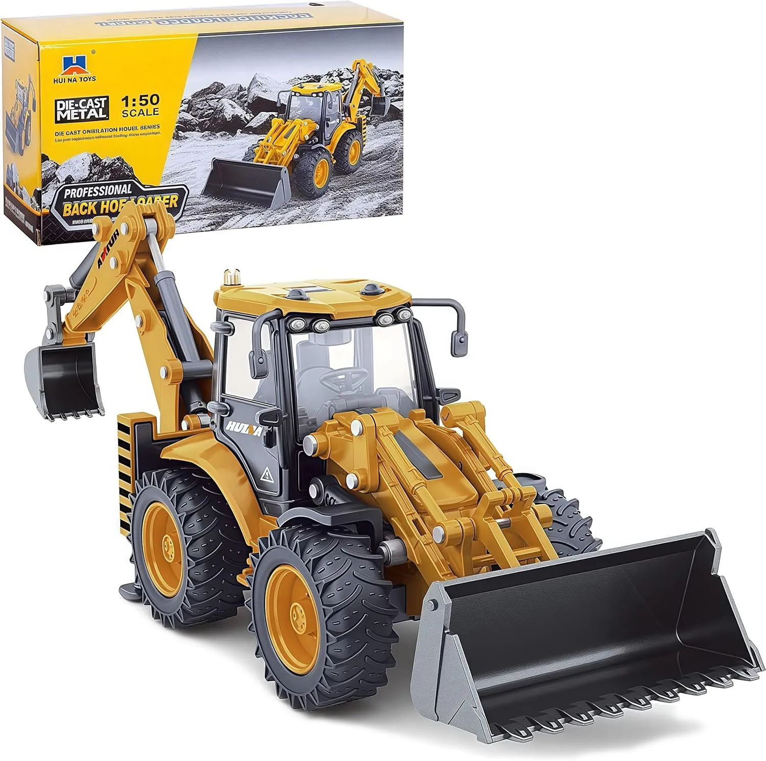Gemini&Genius Backhoe Loader Toy for Kids, Heavy Duty Wheeled Excavator Loader Construction Vehicle Toys 1:50 Scale Backhoe Digger Engineering Car Sandbox Toys for Kids and Decoration for House