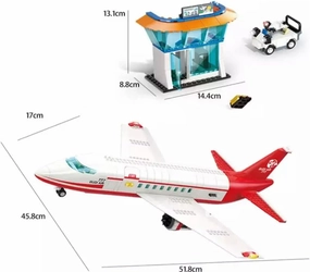General Jim's White and Red Passenger Airplane 720 Piece Modular Building Block Bricks Toy Playset with Control Tower, Service Vehicle, and Motorcycle for Teens and Adults