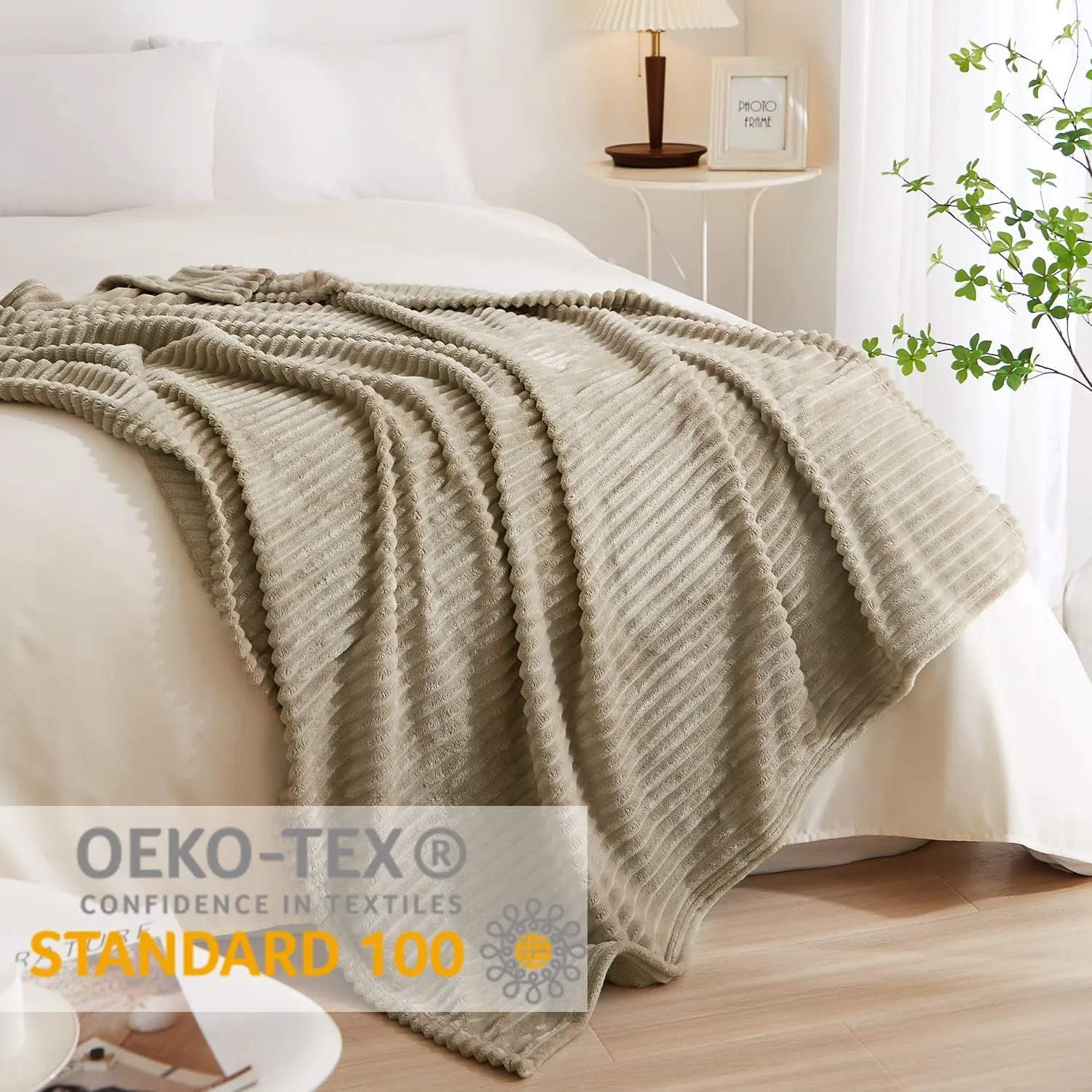 Geniospin Taupe Fleece Throw Blanket, 280GSM Extra Soft Lightweight Blanket with Strip, Plush Fuzzy Cozy Blankets and Throws for Couch, Bed, Sofa Cozy, Warm and Breathable (Taupe, 60x80 inches)
