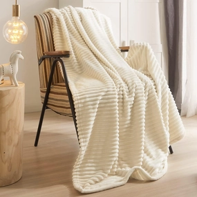 Geniospin Ivory Fleece Throw Blanket, 280GSM Extra Soft Lightweight Blanket with Strip, Plush Fuzzy Cozy Blankets and Throws for Couch, Bed, Sofa Cozy, Warm and Breathable (60x80 inches)