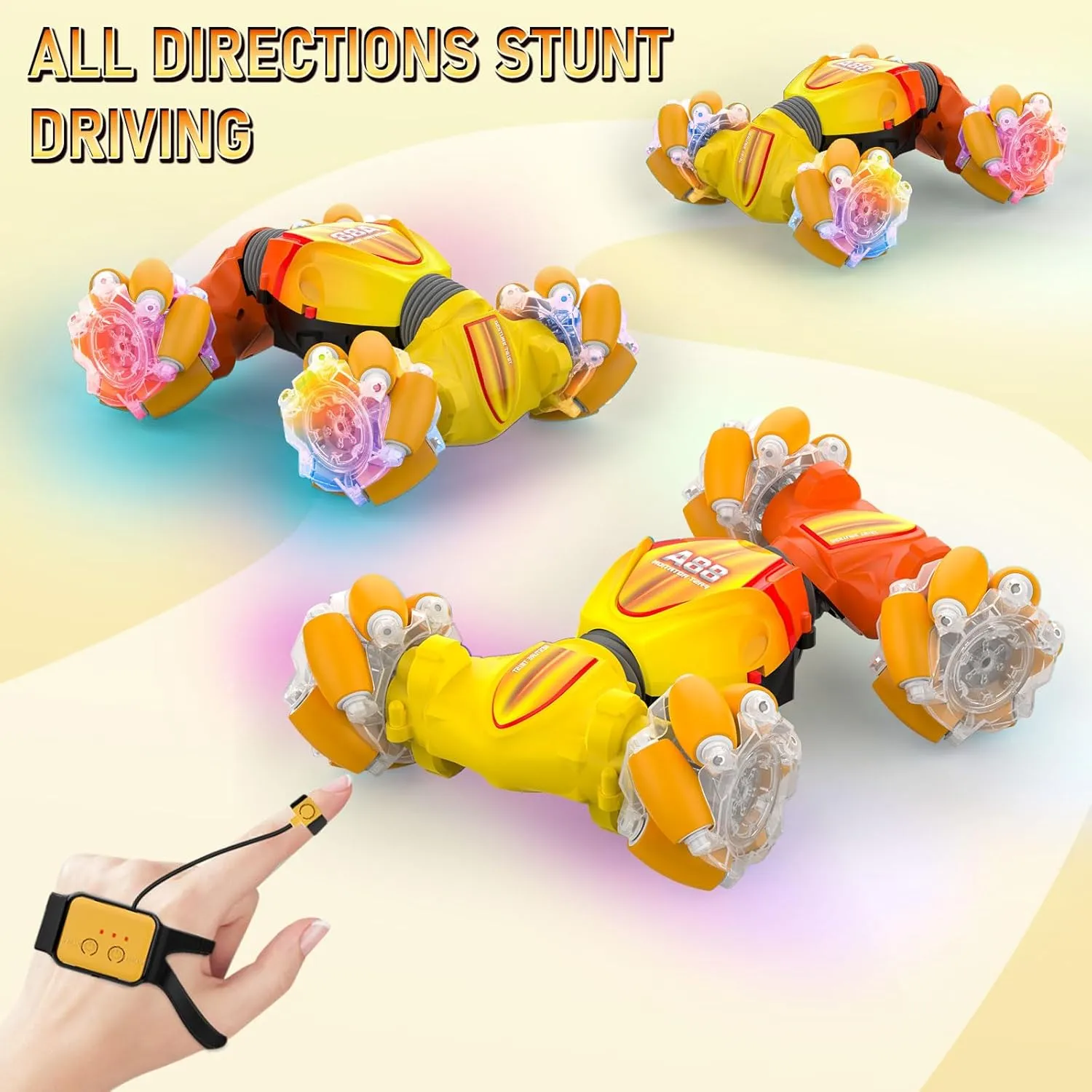 Gesture Sensor RC Cars, Hand Controlled Stunt Remote Control Car Toys for 6-12 yr Kids Boys, 2.4GHz 4WD Double Sided RC Twist Car with Lights Music, Birthday Xmas Gifts for Boys Girls, Yellow