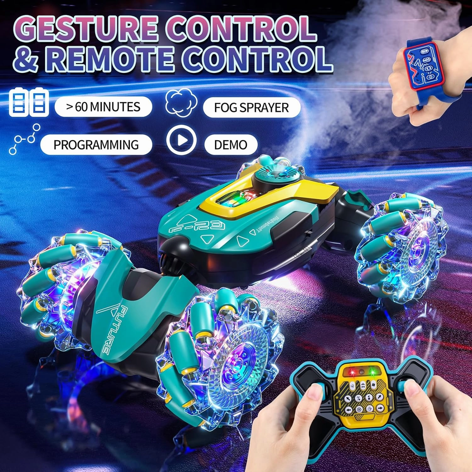 Gesture Sensing RC Stunt Car Toys for Kids, 2.4Ghz Hand Controlled Remote Control Car with LED Light and Music, 4WD Transform Off Road, Age 6 7 8 9 10 11 12 Year Old Boy Birthday Gift (Green)
