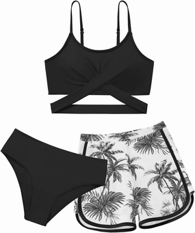 Girl's 3 Piece Bikini Set Cross Strap Swimsuits for Girls Bathing Suit with Shorts Teen Swimwear Swimming Suit