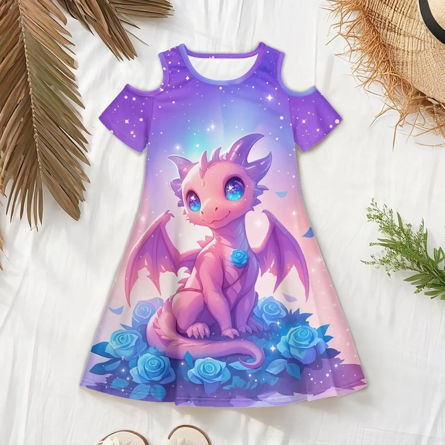 Girls Cold Shoulder Dresses 3-14Y Kids Summer Mini Dress Casual Short Sleeve School Sundress with Pockets
