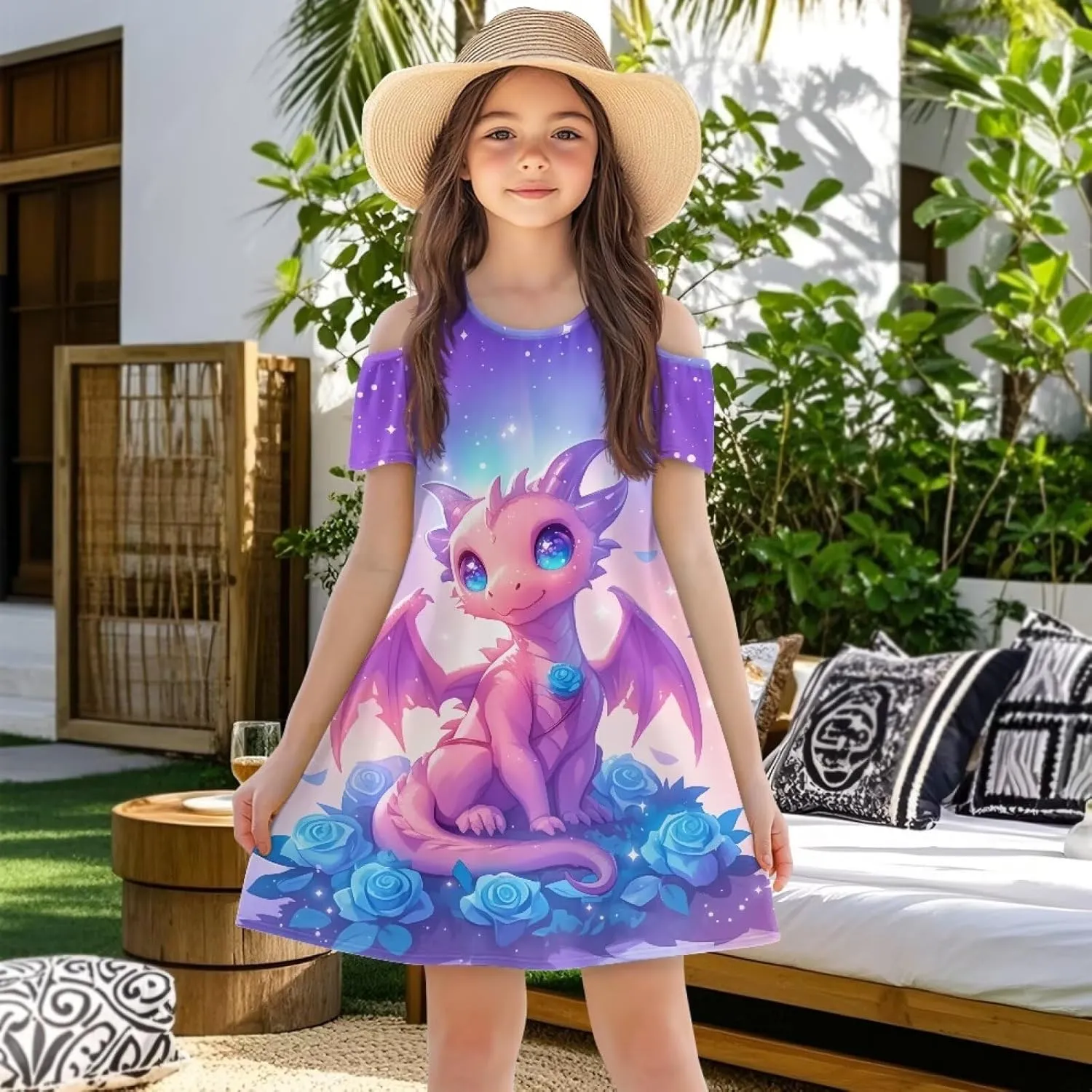 Girls Cold Shoulder Dresses 3-14Y Kids Summer Mini Dress Casual Short Sleeve School Sundress with Pockets