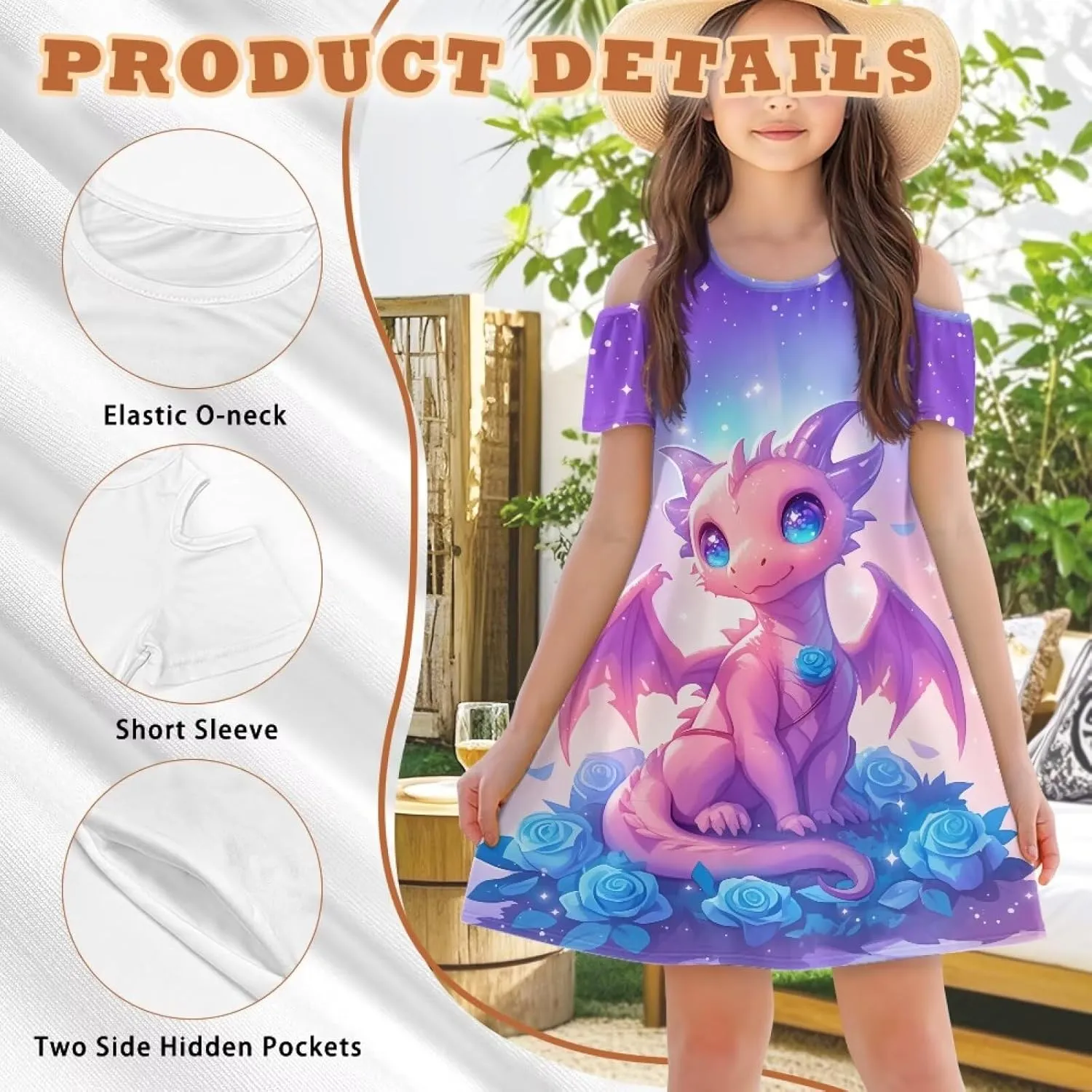 Girls Cold Shoulder Dresses 3-14Y Kids Summer Mini Dress Casual Short Sleeve School Sundress with Pockets