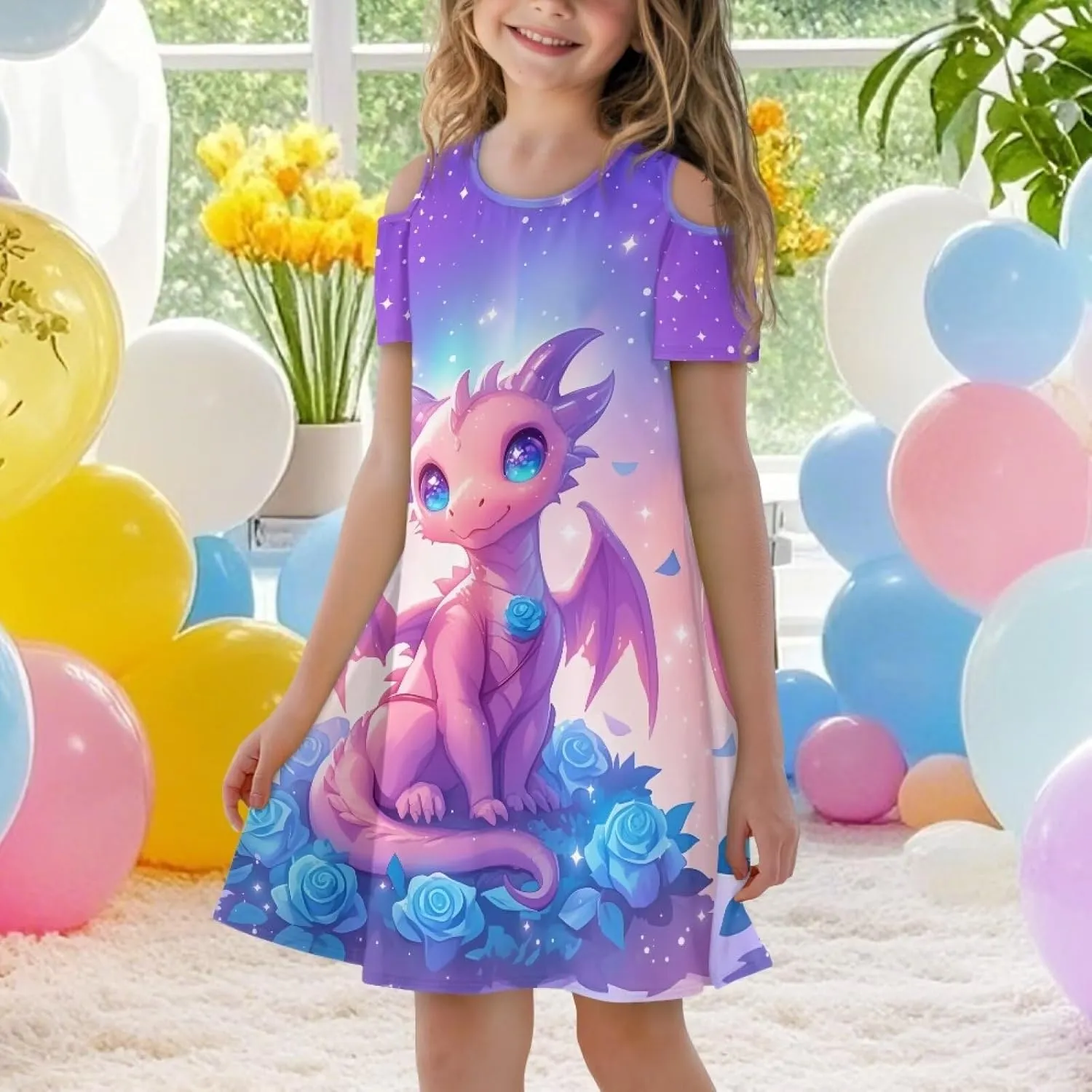 Girls Cold Shoulder Dresses 3-14Y Kids Summer Mini Dress Casual Short Sleeve School Sundress with Pockets