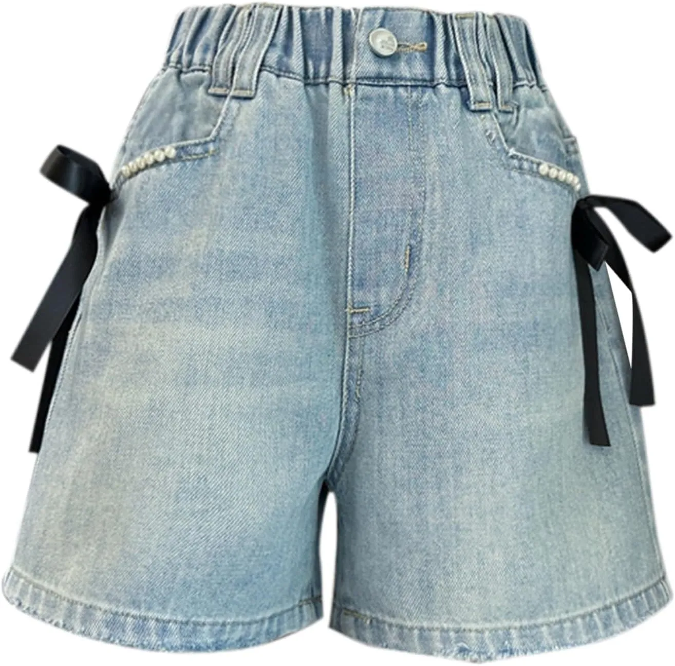 Girls Cute Pearl Bow Denim Shorts Elastic High Waist Wide Leg Jeans Shorts with Pockets Casual Retro Jeans