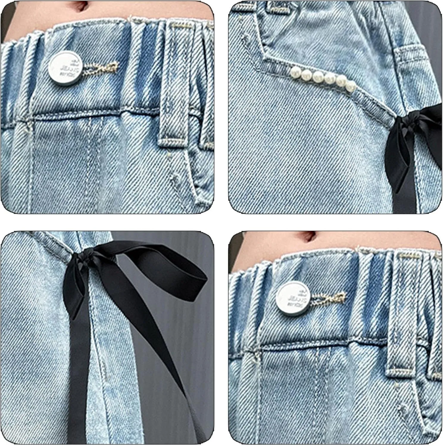 Girls Cute Pearl Bow Denim Shorts Elastic High Waist Wide Leg Jeans Shorts with Pockets Casual Retro Jeans