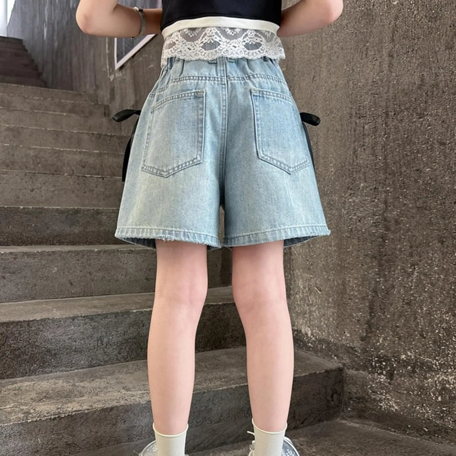 Girls Cute Pearl Bow Denim Shorts Elastic High Waist Wide Leg Jeans Shorts with Pockets Casual Retro Jeans
