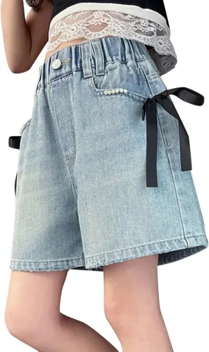 Girls Cute Pearl Bow Denim Shorts Elastic High Waist Wide Leg Jeans Shorts with Pockets Casual Retro Jeans