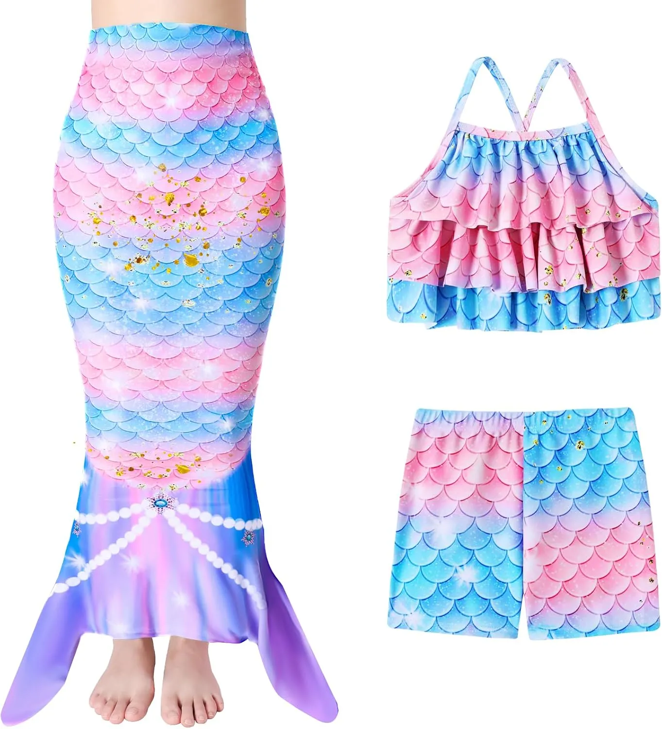 Girls Mermaid Bathing Suit 3PCS Cute Ruffle Tankini Swimsuits with Boyshort Fish Tail Kids Beach Swimwear 3-11Y