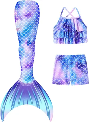 Girls Mermaid Bathing Suit 3PCS Cute Ruffle Tankini Swimsuits with Boyshort Fish Tail Kids Beach Swimwear 3-11Y