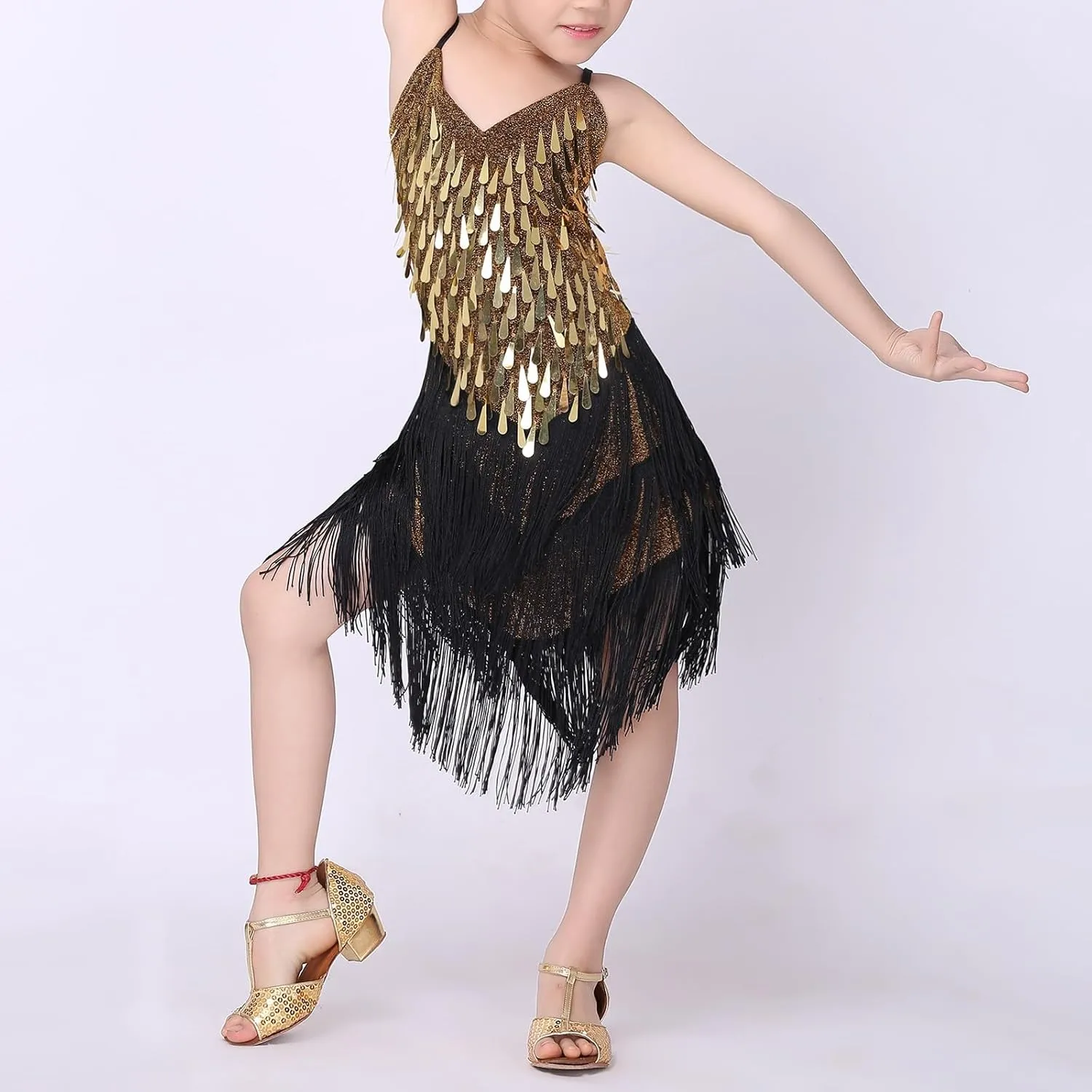 Girls Sequin Latin Dance Dress with Tassel Kids Sparkly Jazz Dance Dress Spaghetti Straps Fringe Dancewear V Neck Skirt