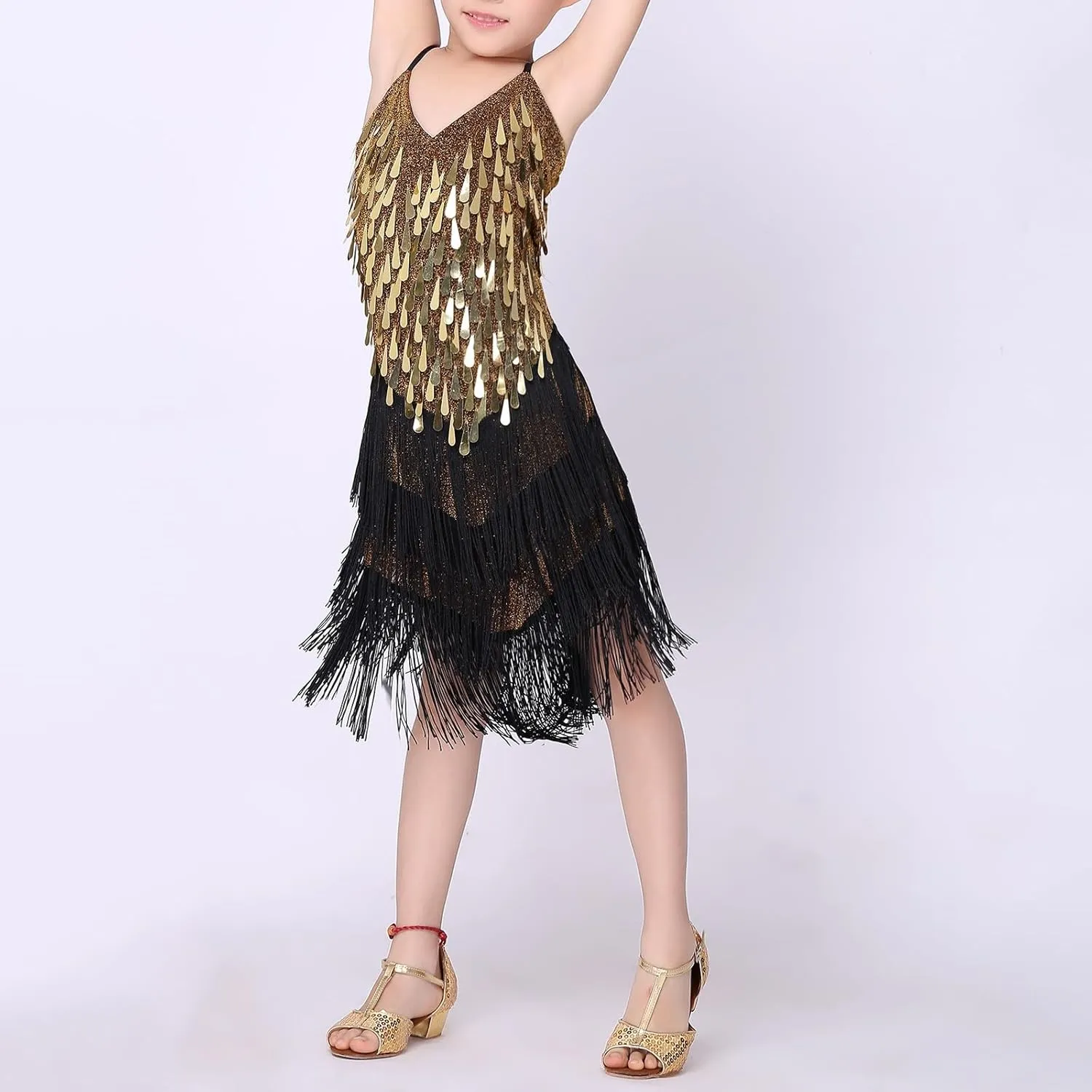 Girls Sequin Latin Dance Dress with Tassel Kids Sparkly Jazz Dance Dress Spaghetti Straps Fringe Dancewear V Neck Skirt