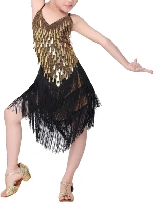 Girls Sequin Latin Dance Dress with Tassel Kids Sparkly Jazz Dance Dress Spaghetti Straps Fringe Dancewear V Neck Skirt