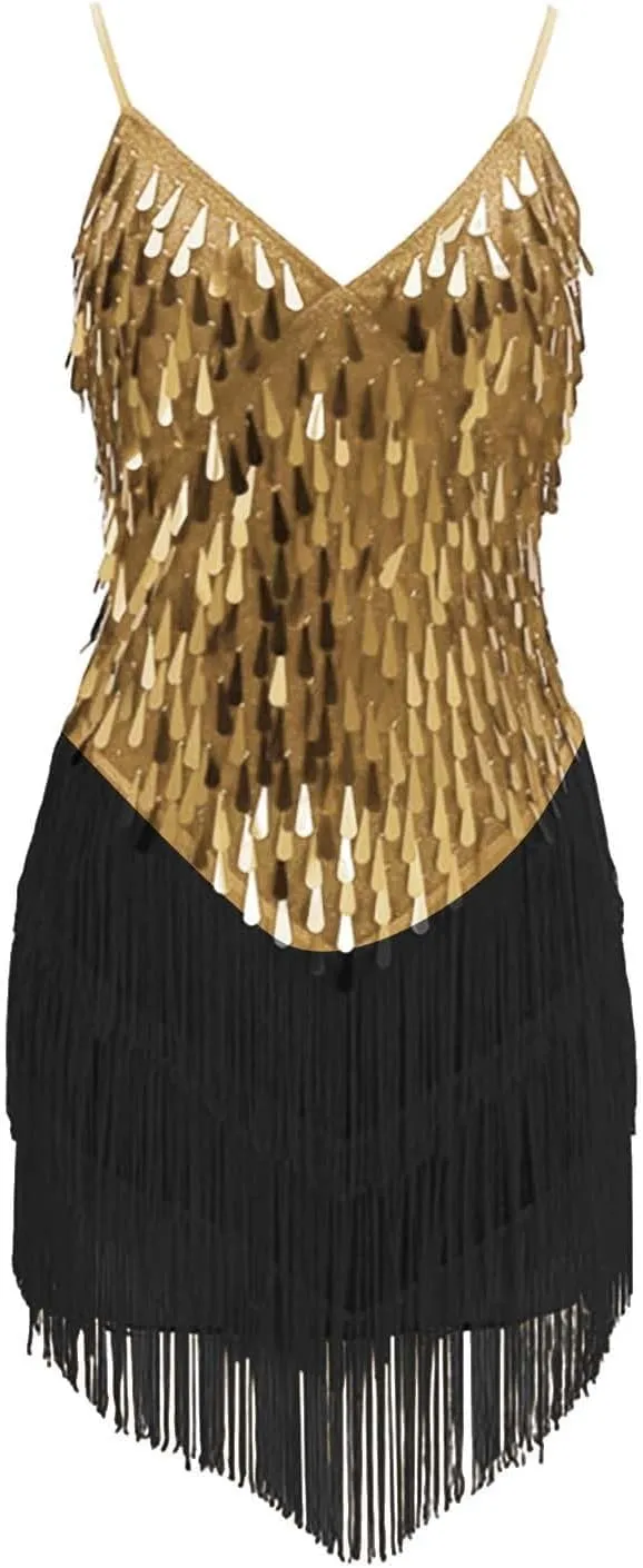 Girls Sequin Latin Dance Dress with Tassel Kids Sparkly Jazz Dance Dress Spaghetti Straps Fringe Dancewear V Neck Skirt