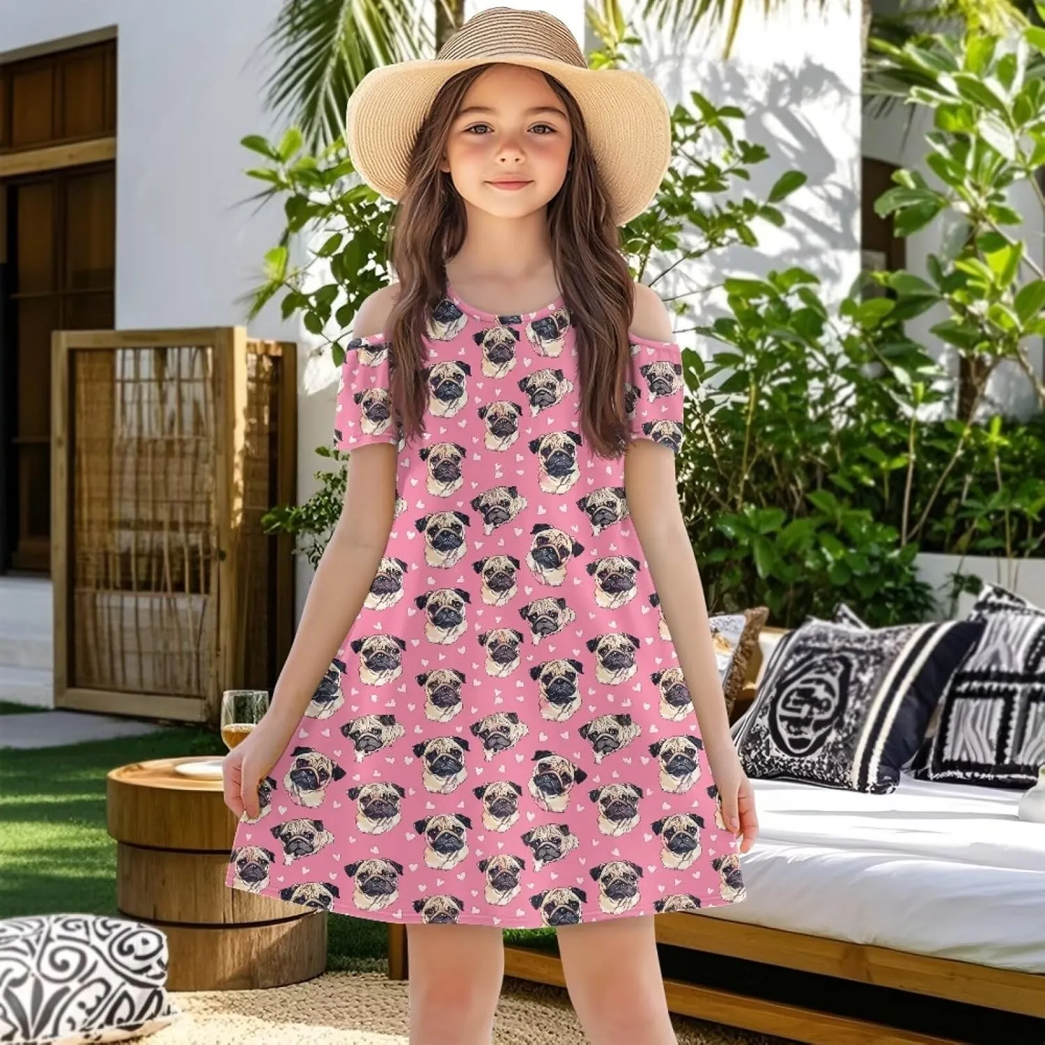 Girls Summer Cold Shoulder Dresses 3-14Years Kids Casual Short Sleeve Mini School Party Dress with Pockets