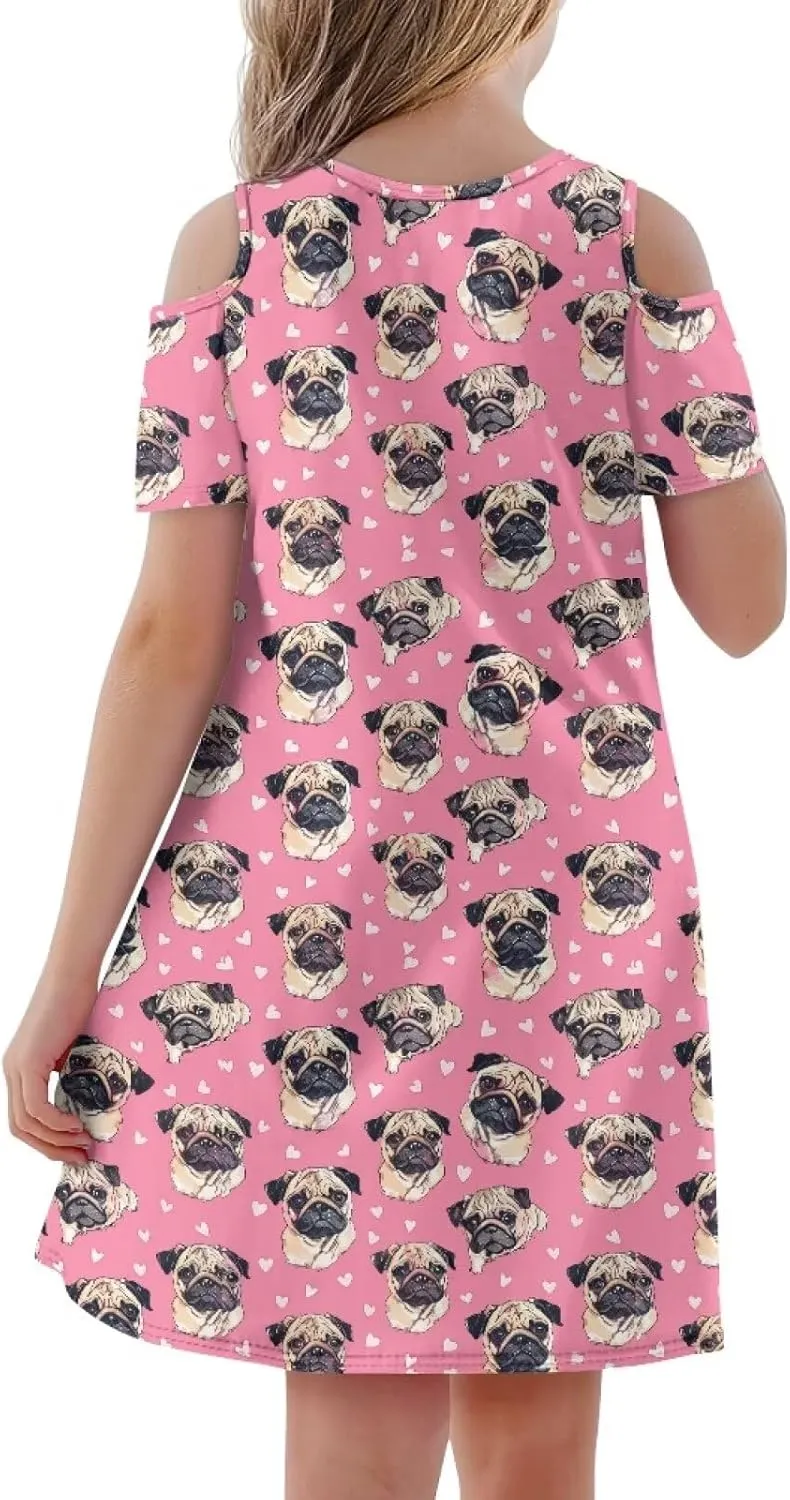 Girls Summer Cold Shoulder Dresses 3-14Years Kids Casual Short Sleeve Mini School Party Dress with Pockets