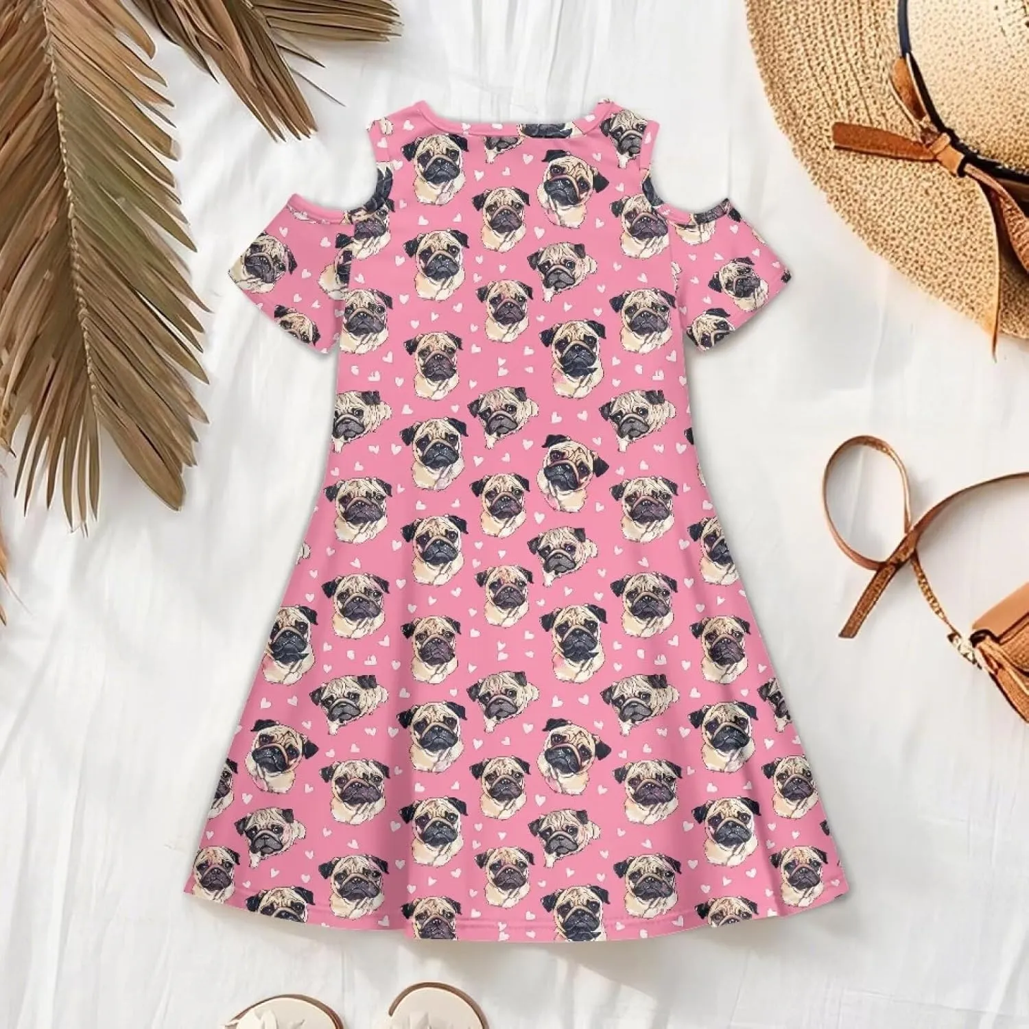 Girls Summer Cold Shoulder Dresses 3-14Years Kids Casual Short Sleeve Mini School Party Dress with Pockets