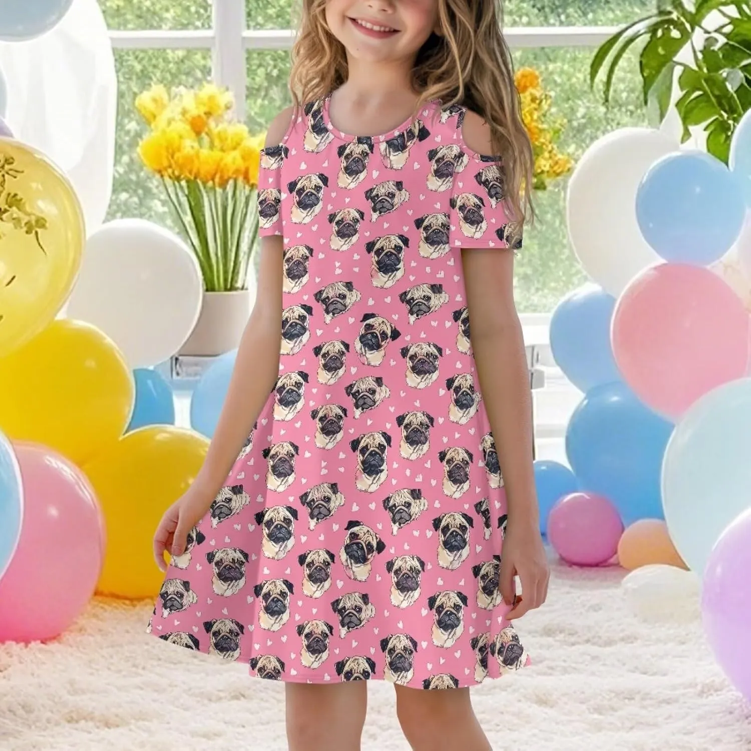 Girls Summer Cold Shoulder Dresses 3-14Years Kids Casual Short Sleeve Mini School Party Dress with Pockets