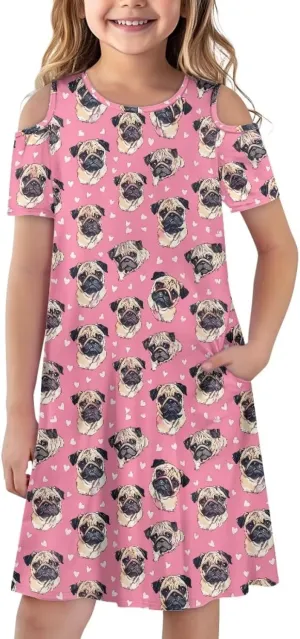 Girls Summer Cold Shoulder Dresses 3-14Years Kids Casual Short Sleeve Mini School Party Dress with Pockets