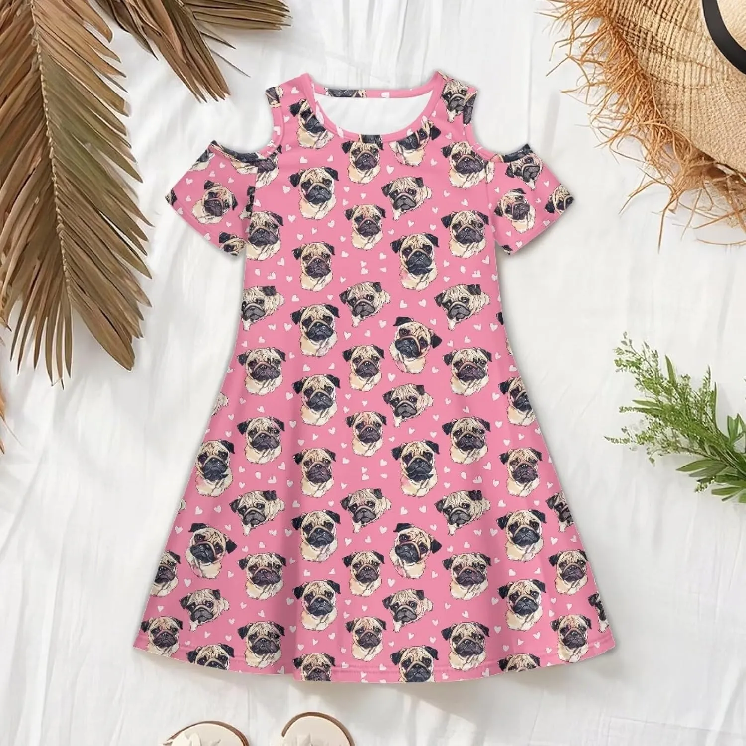 Girls Summer Cold Shoulder Dresses 3-14Years Kids Casual Short Sleeve Mini School Party Dress with Pockets