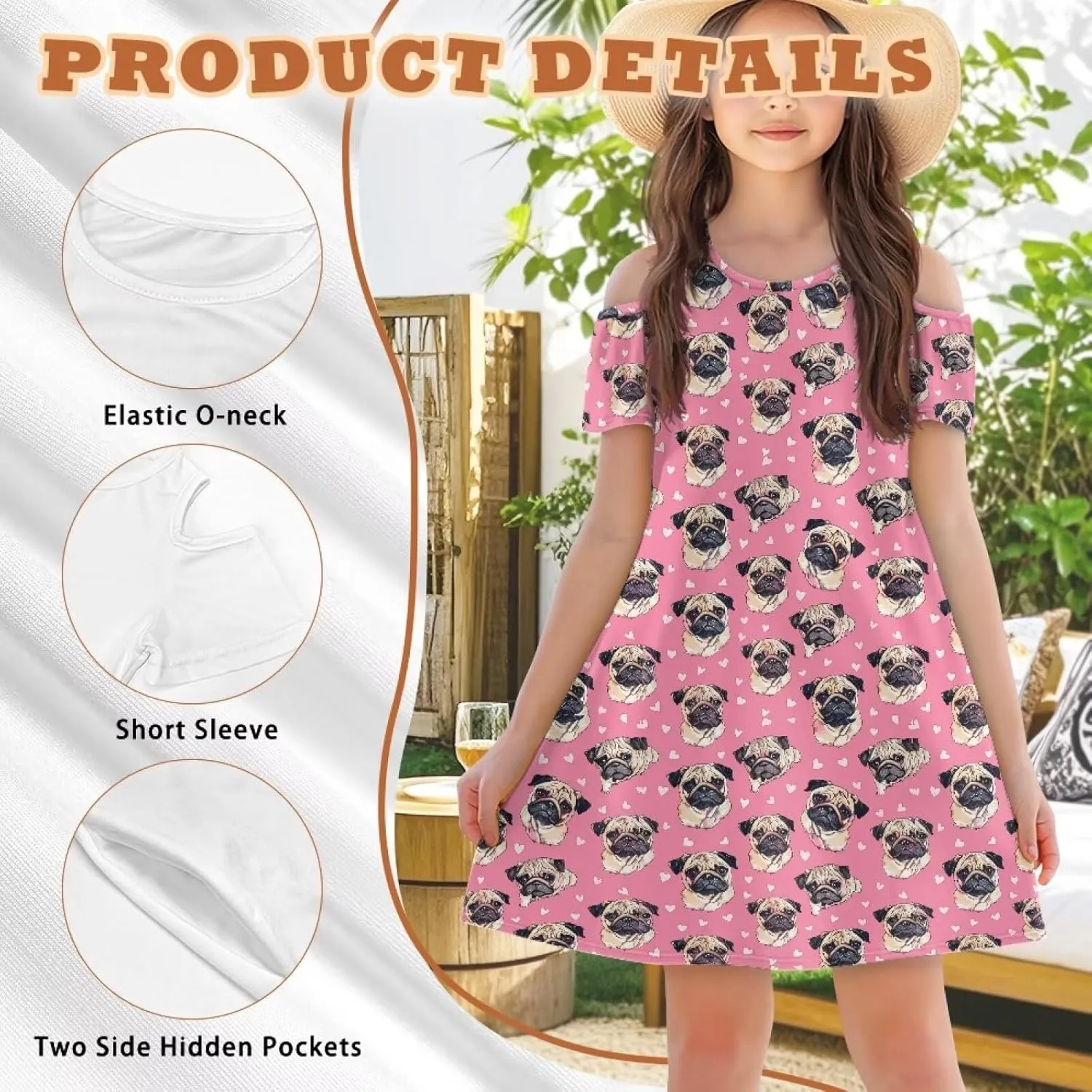 Girls Summer Cold Shoulder Dresses 3-14Years Kids Casual Short Sleeve Mini School Party Dress with Pockets