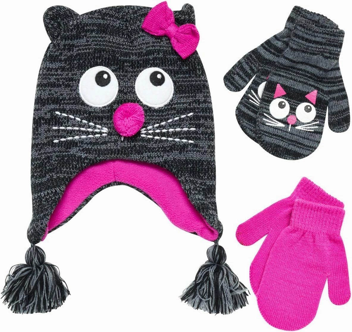 Girls Critter Winter Hat and 2 Pair Gloves or Mittens (Toddler/Little Girls)