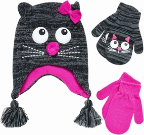 Girls Critter Winter Hat and 2 Pair Gloves or Mittens (Toddler/Little Girls)