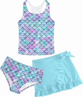 Girls Swimsuits 3 Piece Tankini Bathing Suit Set Cute Bikini Swimwear with Cover Ups Beach Skirt 5-12 Years