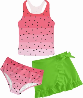 Girls Swimsuits 3 Piece Tankini Bathing Suit Set Cute Bikini Swimwear with Cover Ups Beach Skirt 5-12 Years