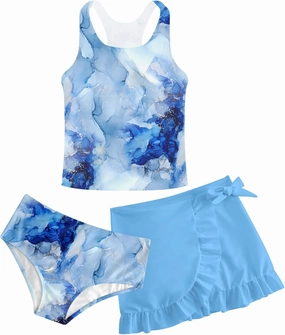 Girls Swimsuits 3 Piece Tankini Bathing Suit Set Cute Bikini Swimwear with Cover Ups Beach Skirt 5-12 Years