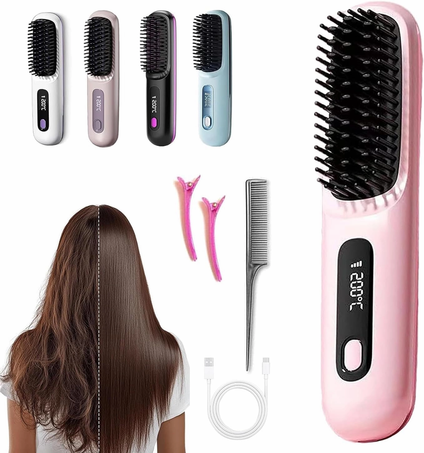 Go Brush Pro 2025 New,Cordless Hair Straightener Brush,Portable Straightener Comb, Straightening Comb Rechargeable Go Travel Hot Combs Mini with Temperature Display for Women(Pink)