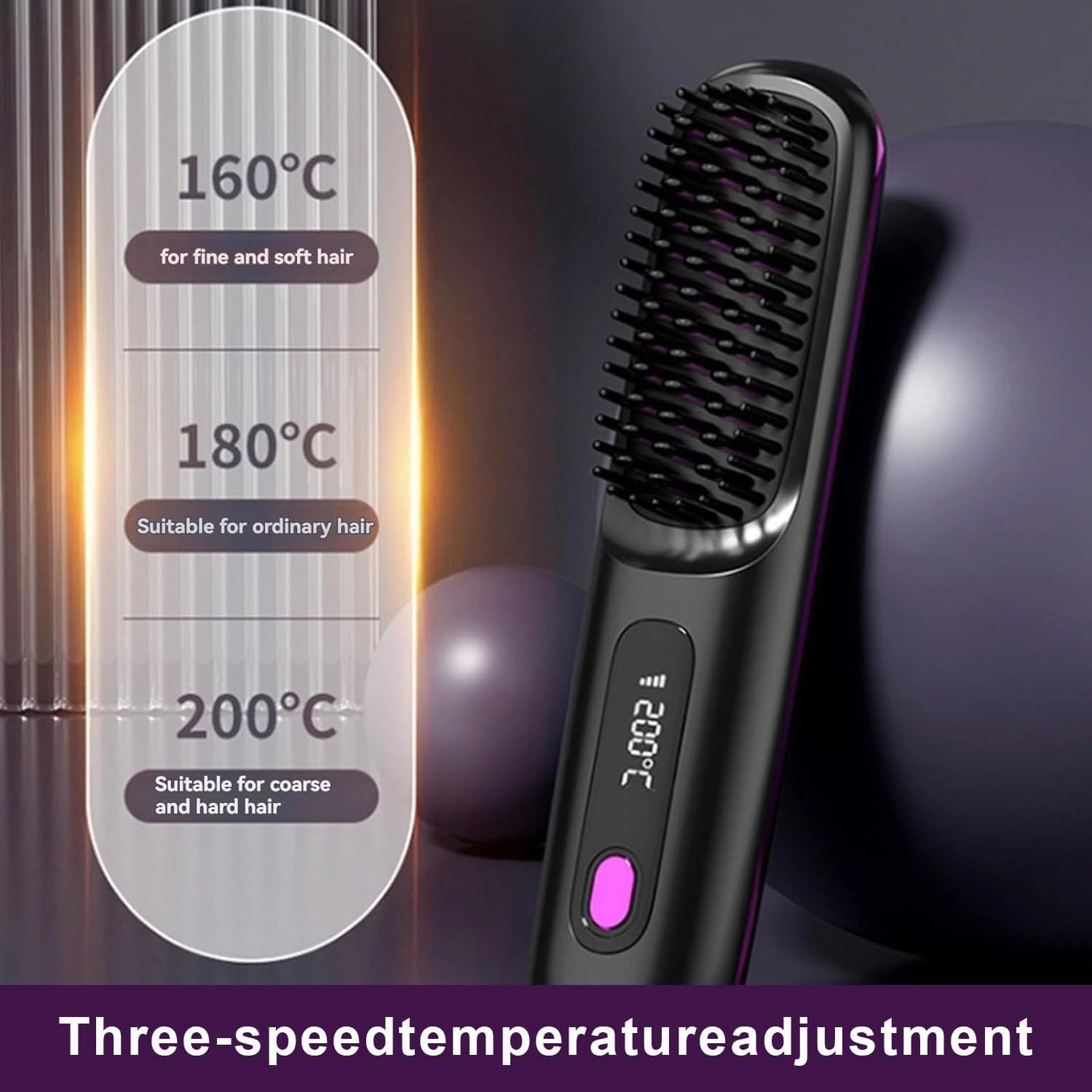 Go Brush Pro 2025 New,Cordless Hair Straightener Brush,Portable Straightener Comb, Straightening Comb Rechargeable Go Travel Hot Combs Mini with Temperature Display for Women(Pink)