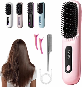 Go Brush Pro 2025 New,Cordless Hair Straightener Brush,Portable Straightener Comb, Straightening Comb Rechargeable Go Travel Hot Combs Mini with Temperature Display for Women(Pink)