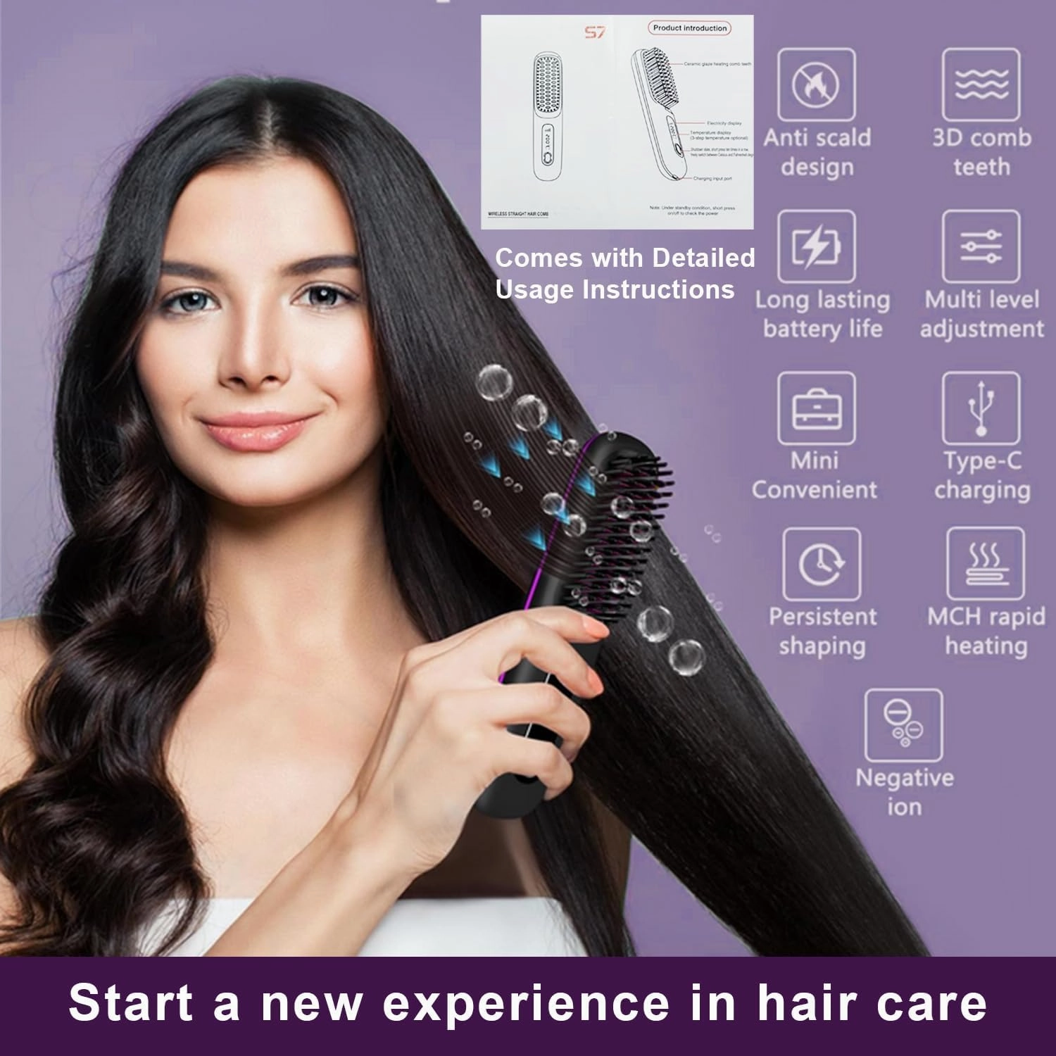 Go Brush Pro 2025 New,Cordless Hair Straightener Brush,Portable Straightener Comb, Straightening Comb Rechargeable Go Travel Hot Combs Mini with Temperature Display for Women(Pink)