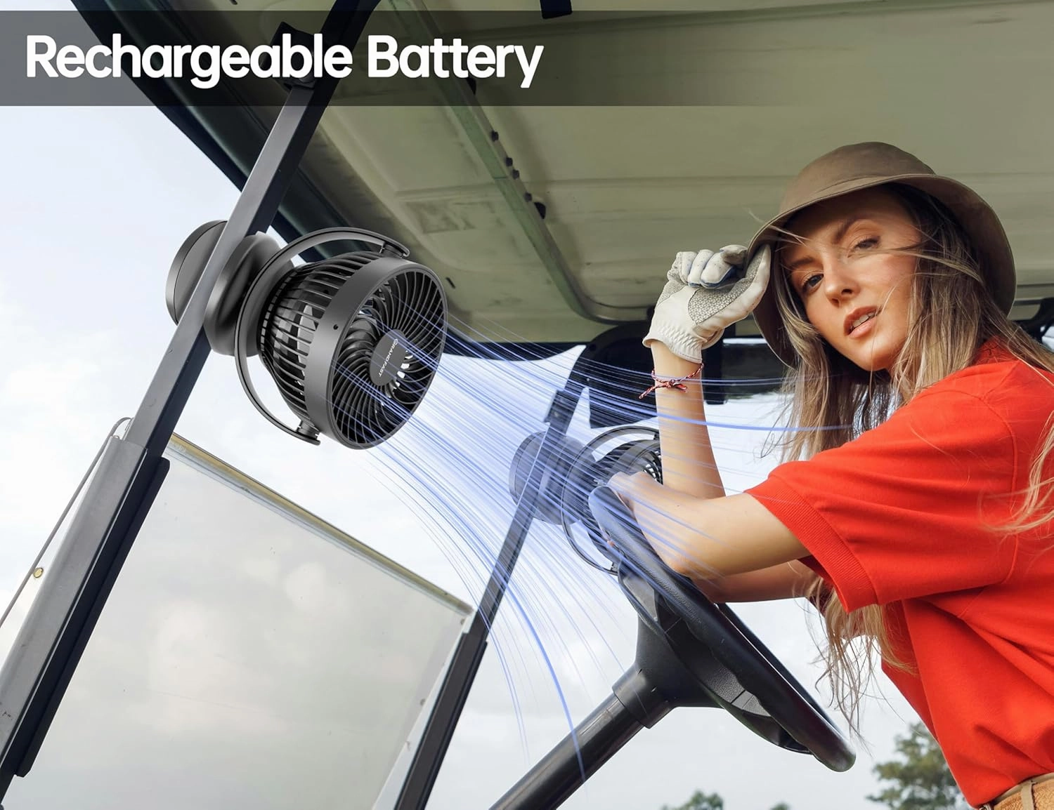 Golf Cart Rechargeable Fan Compatible with EZGO Club Car Yamaha, Golf Palyer Summer Essential 4 Powerful Speeds Clip on Fan with 360° Pivot, 13 Hrs Run Cordless Fan, Battery Operated Fan for Golf Cart