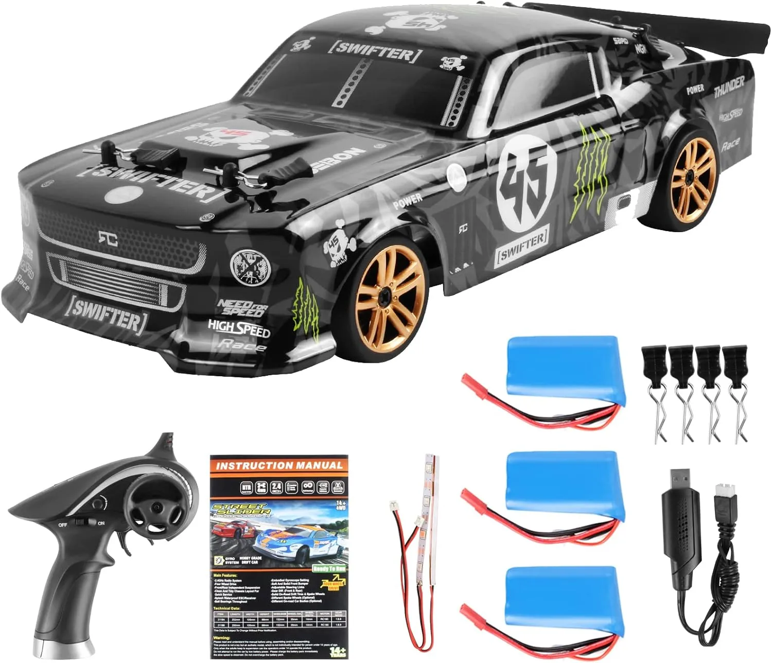 GoolRC RC Drift Car - 1:18 Scale 2.4GHz 4WD 30KM/H High Speed RC Racing Car with LED Lights and 3 Batteries for Adults and Kids