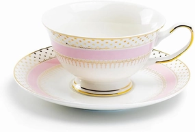 Grace Teaware Stripe with Gold Dots Fine Porcelain Tea Cup and Saucer (Pink), Regular
