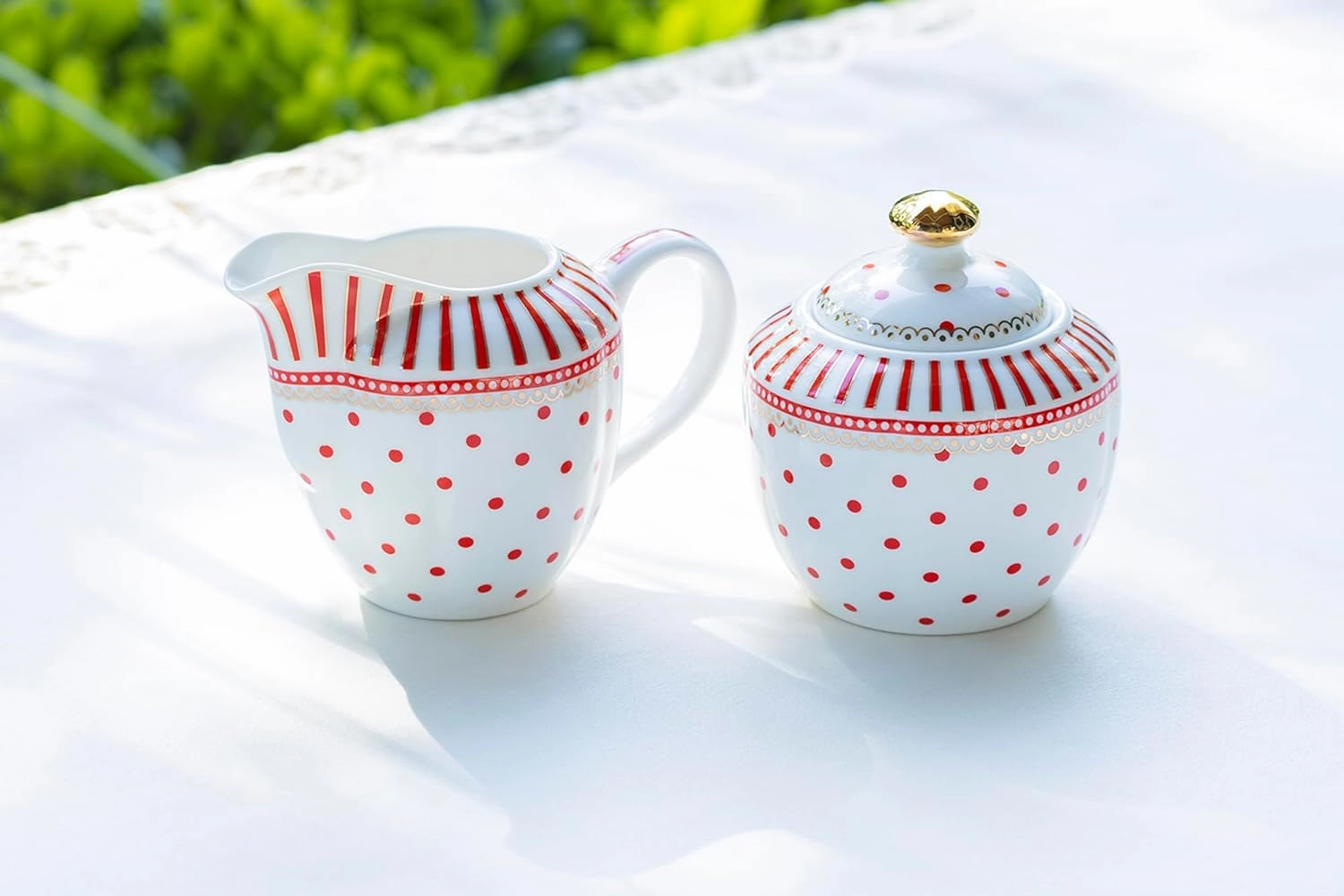 Grace Teaware Stripes and Dots Fine Porcelain Sugar & Creamer Set (Red), Regular