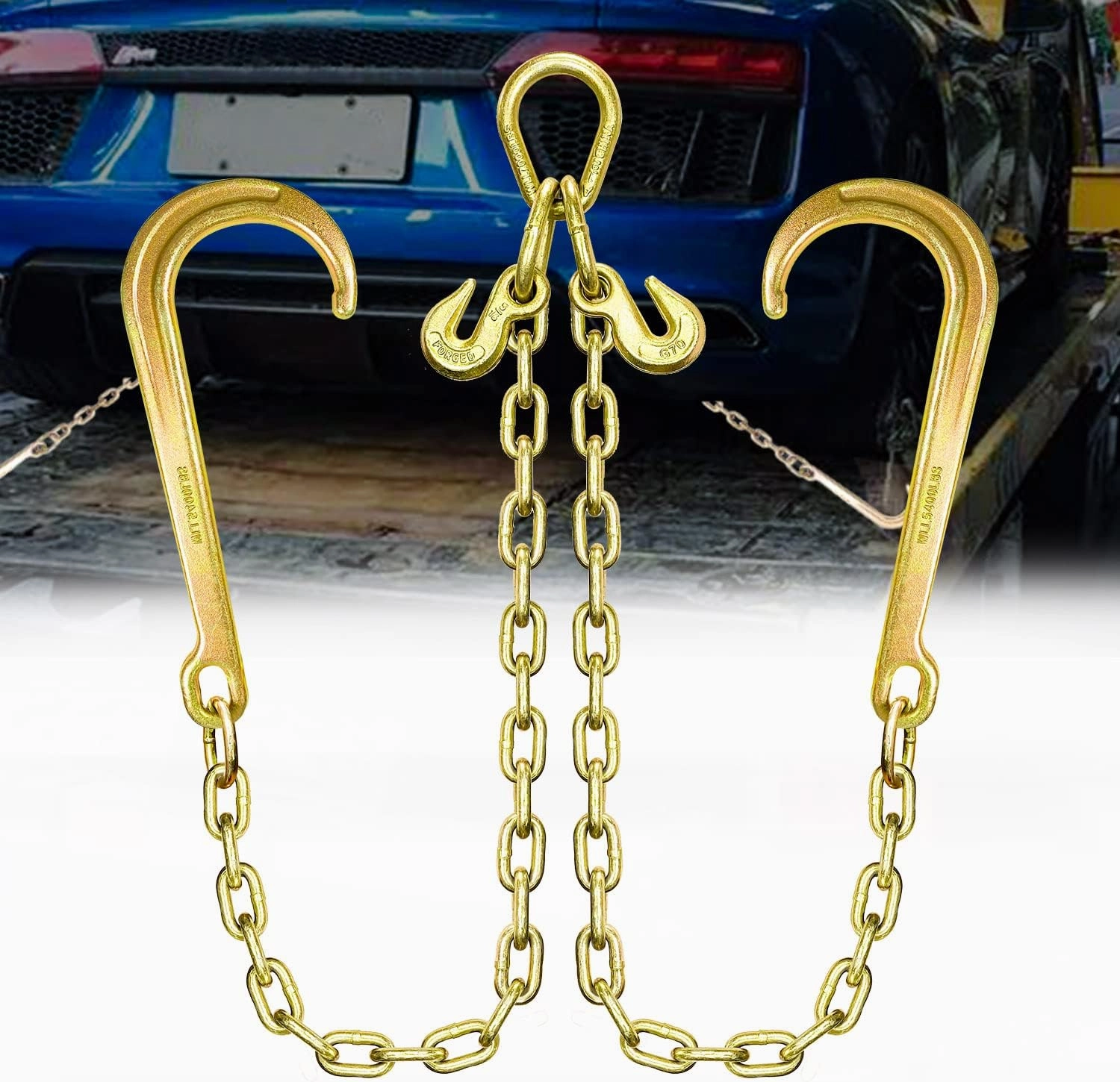 Grade 80 Chain V-Bridle | 5/16In x 2Ft Towing Chains Bridle with J Hooks and Grab Hooks | Tow Chain 4,900LBS Safe Working Load | for Flatbed Truck Rollback Wrecker Carrier