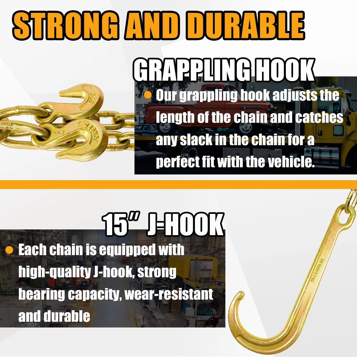 Grade 80 Chain V-Bridle | 5/16In x 2Ft Towing Chains Bridle with J Hooks and Grab Hooks | Tow Chain 4,900LBS Safe Working Load | for Flatbed Truck Rollback Wrecker Carrier