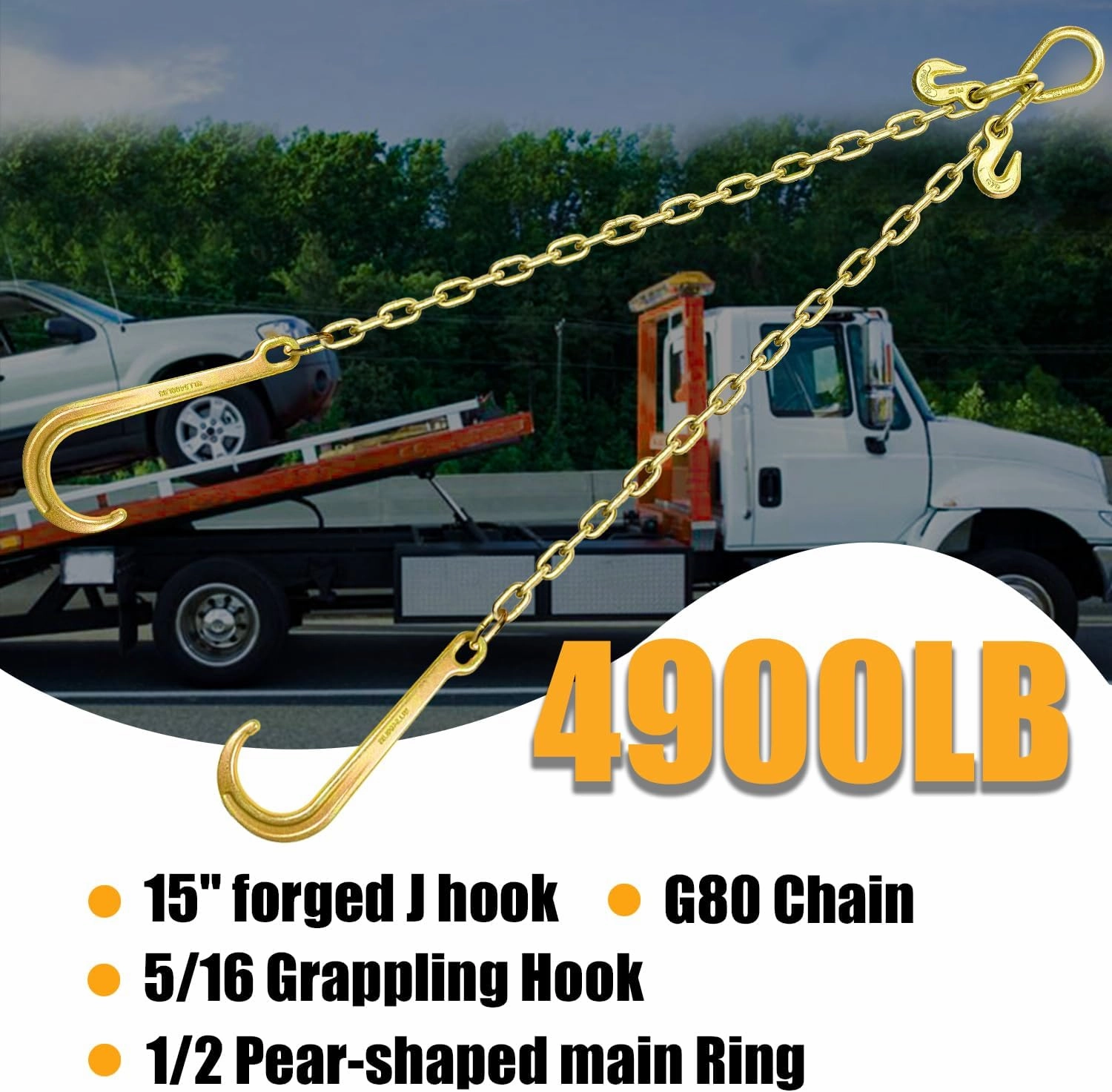 Grade 80 Chain V-Bridle | 5/16In x 2Ft Towing Chains Bridle with J Hooks and Grab Hooks | Tow Chain 4,900LBS Safe Working Load | for Flatbed Truck Rollback Wrecker Carrier