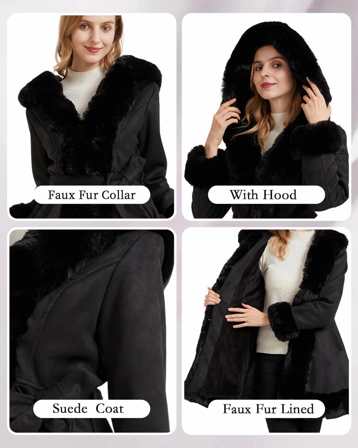 GRAN ORIENTE Suede Jacket for Women with Faux Fur Collar,Long Sleeve Warm Winter Parka Coat with Belt Outerwear