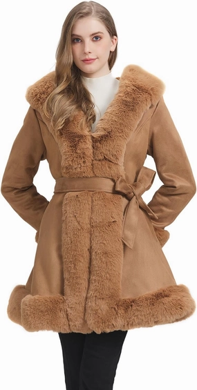 GRAN ORIENTE Suede Jacket for Women with Faux Fur Collar,Long Sleeve Warm Winter Parka Coat with Belt Outerwear